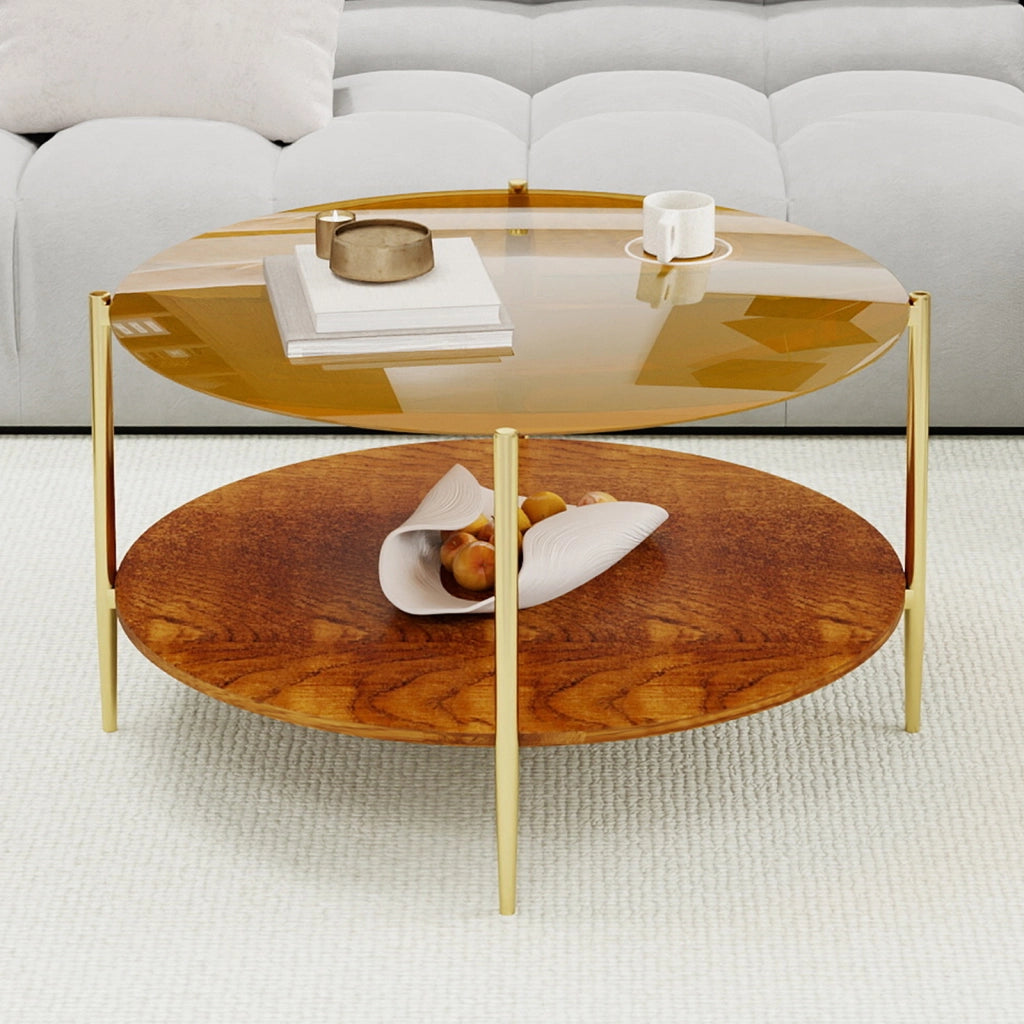 Tavolino da caffè con piano in vetro e base in legno - per soggiorno - Ø 82 cm - oro
