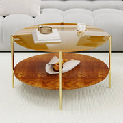 Tavolino da caffè con piano in vetro e base in legno - per soggiorno - Ø 82 cm - oro