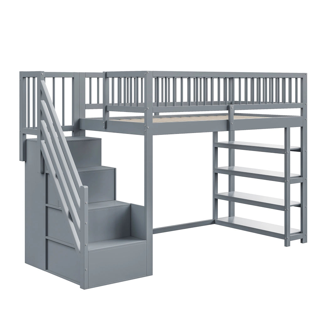 Letto a soppalco 90×200 cm con armadio; scaffali e scala di sicurezza; senza materasso; legno massello; grigio
