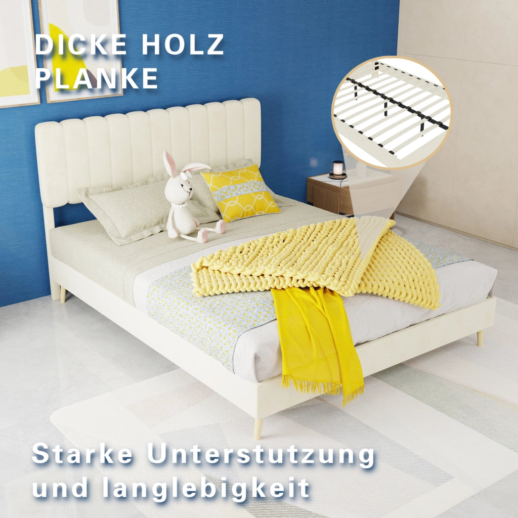 DESMIU Letto 140 × 200 cm 2 posti in velluto, testiera imbottita, senza materasso, beige