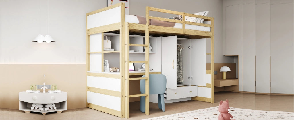 LETTO A SOPPALCO 90 x 200 cm con scrivania, armadio e cassetti, legno naturale