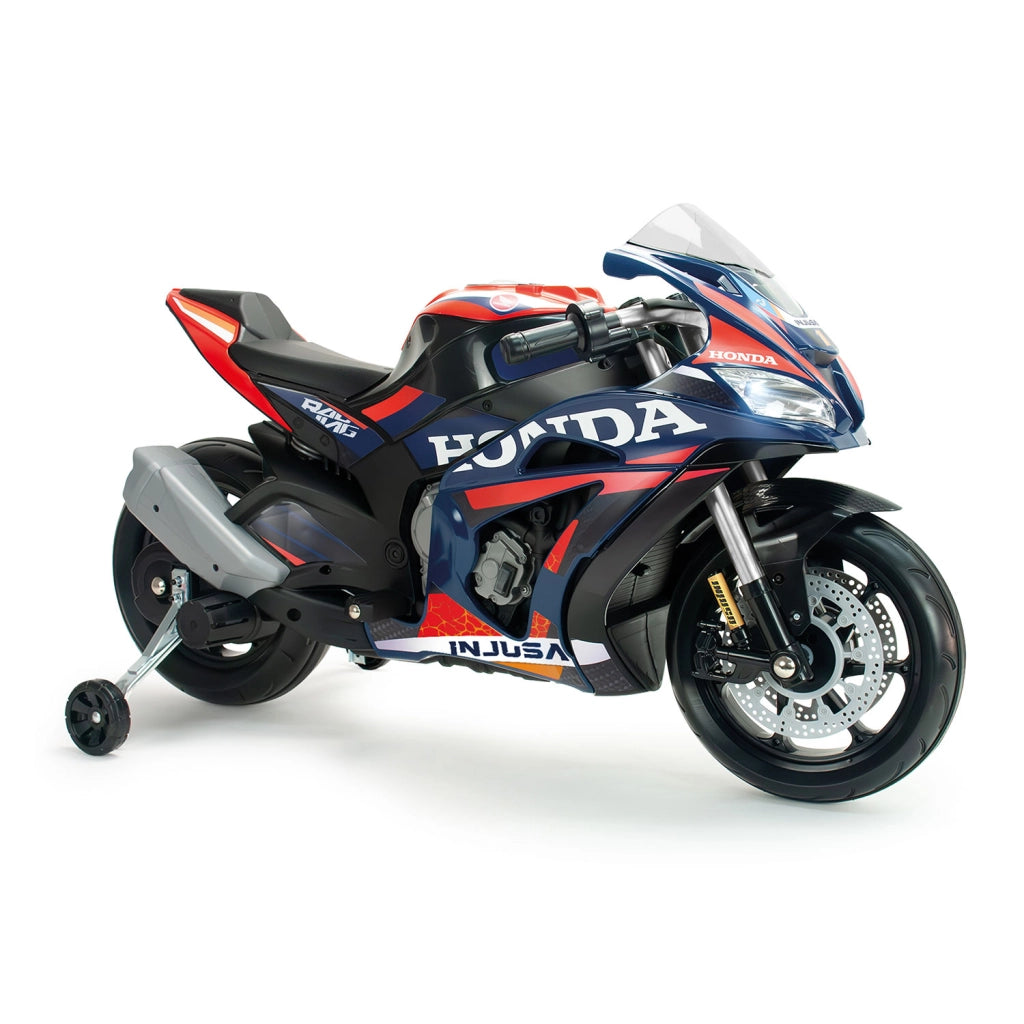 Moto Elettrica per Bambini 12V Honda Competición con Luci Suoni e Ruote Stabilizzatrici Blu