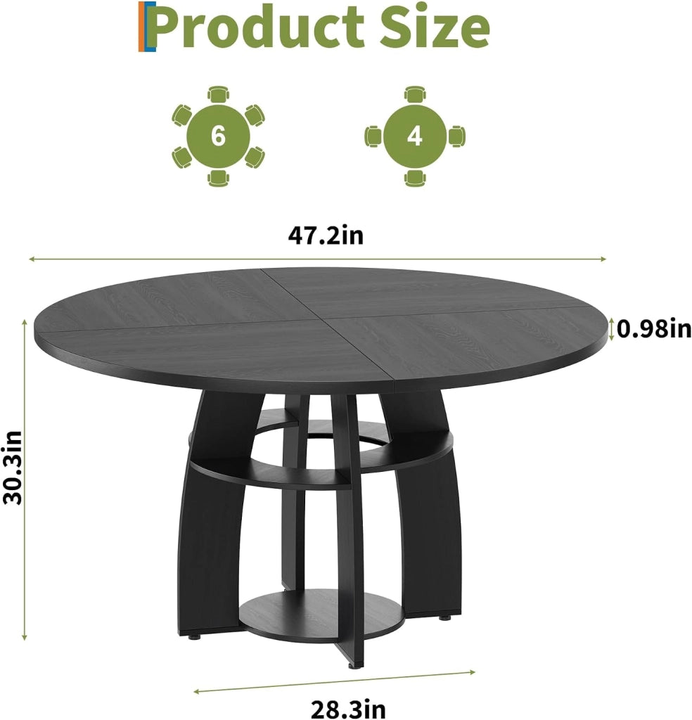 Tavolo da Pranzo Rotondo Rustico 120 cm per 4-6 Persone con Ripiano - Nero