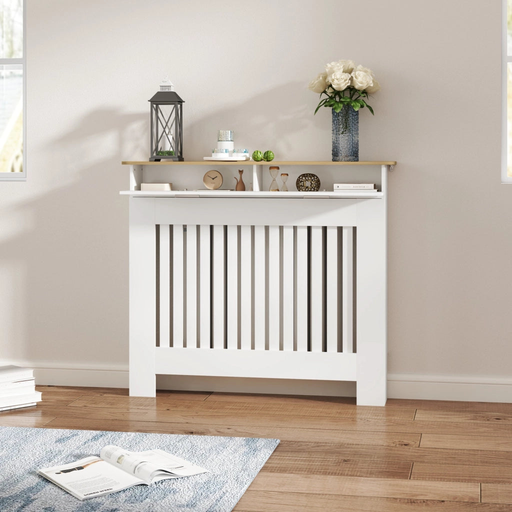 Copritermosifone a Doghe Antiribaltamento 112x19x97 cm con Vano Contenitore in Legno Bianco