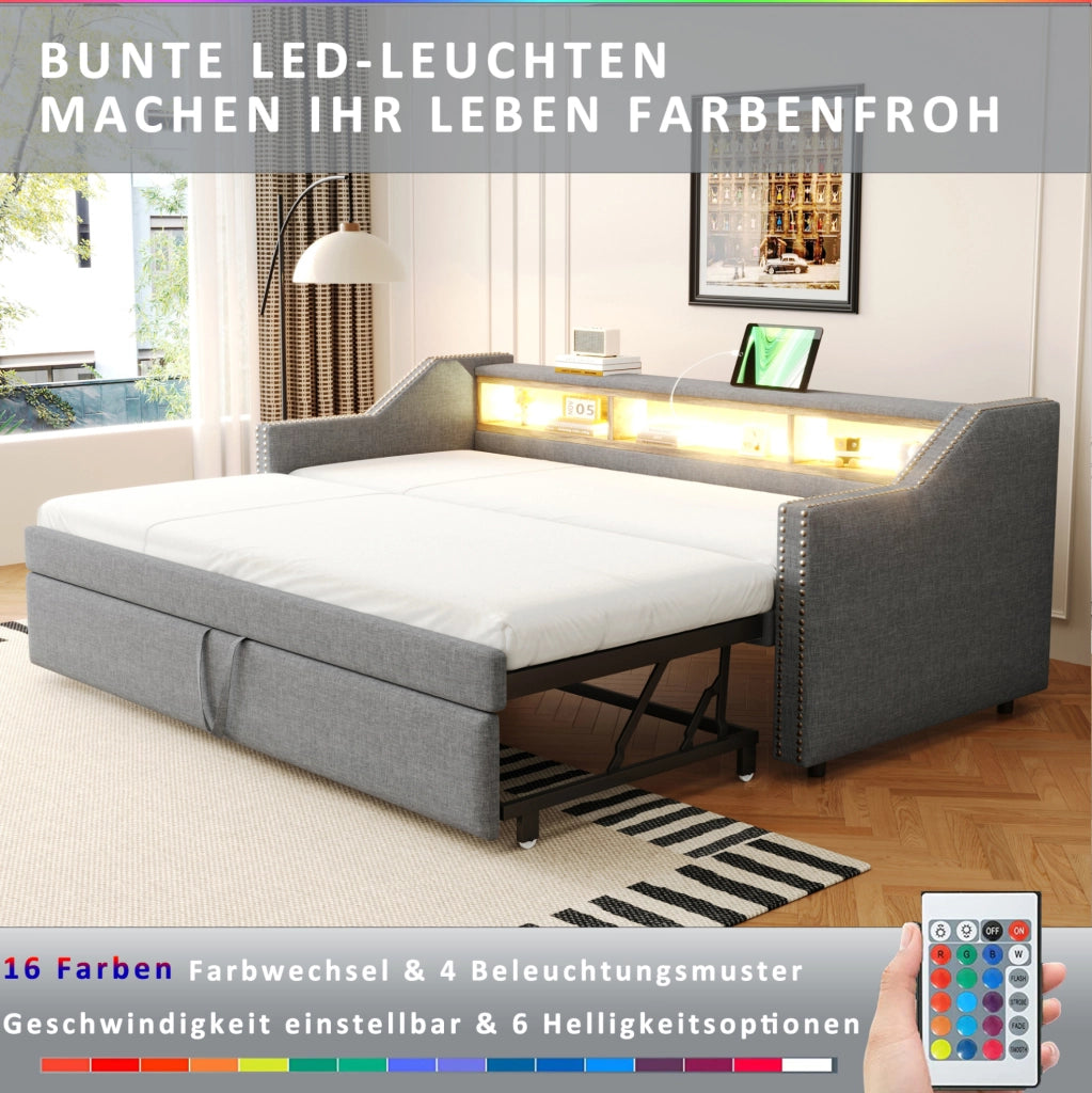 Divano letto estraibile ULEVR 90/180x190 cm con LED, USB e 3 vani laterali, grigio chiaro