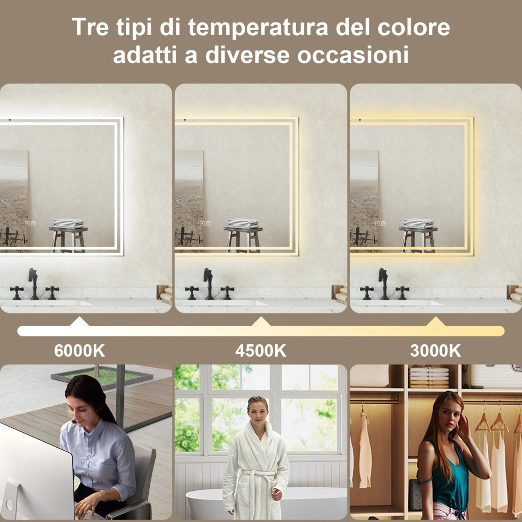 Specchio bagno Rettangolare 100x60cm Led Con 3 Luci + Bluetooth + Antiappannamento