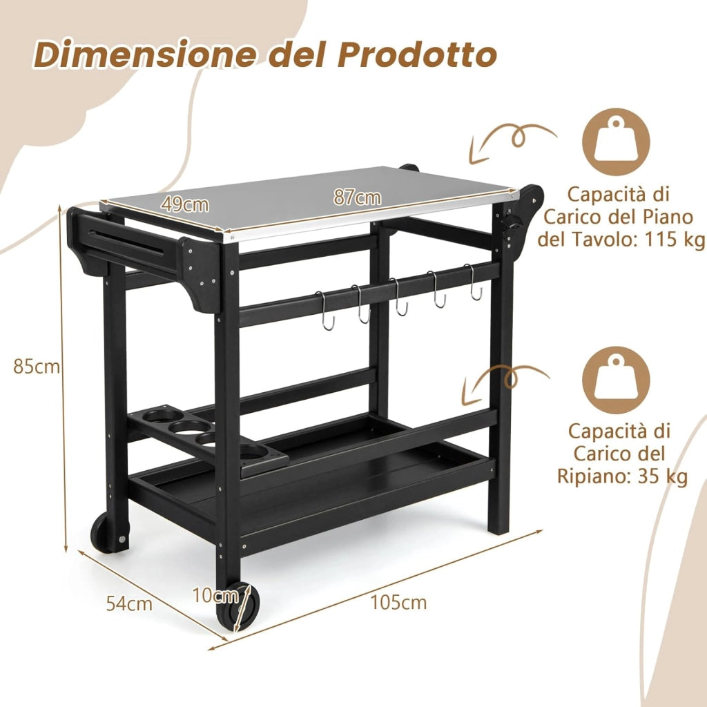Carrello Barbecue da Esterno, Stand per Forno a Pizza con Piano in Acciaio Inox Vassoio e Portabottiglie, Tavolo per Preparazioni con Maniglia e Ruote per Cucina Giardino
