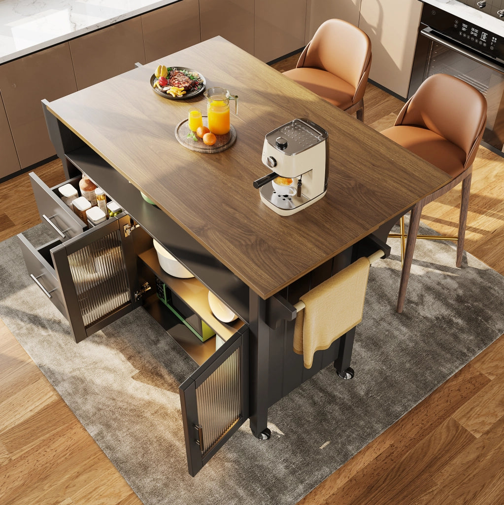 Isola cucina nera con ante in vetro, LED e ruote