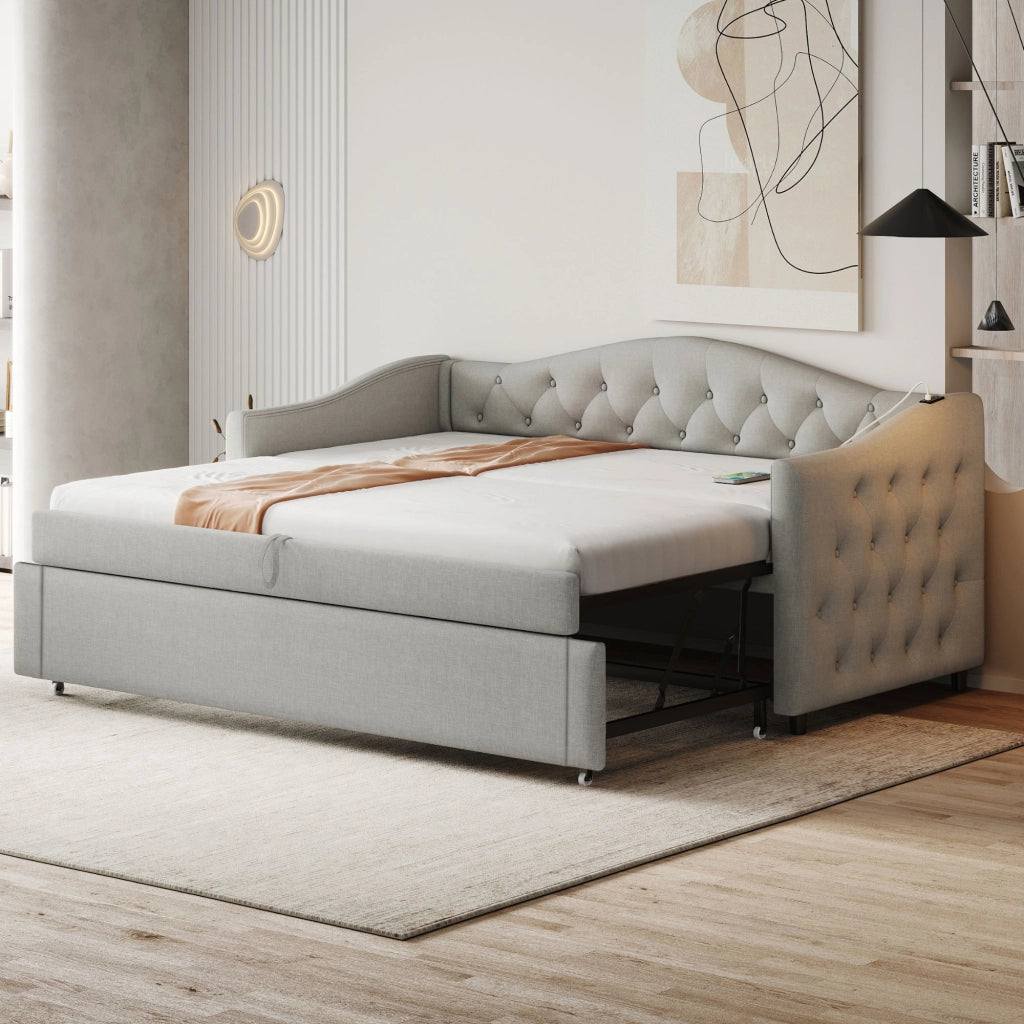 Divano letto estraibile - Zephmum- 90x200 cm, Grigio, Tessuto lino, USB, classico