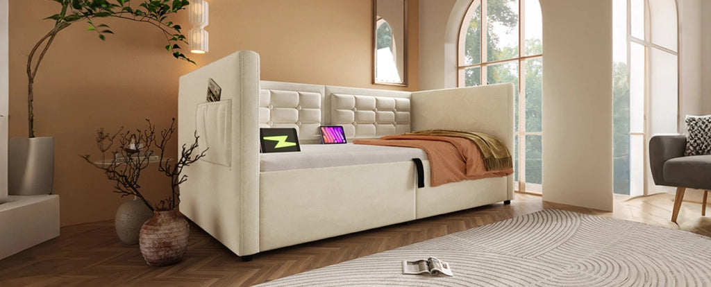 Divano letto 90x200 cm in velluto beige con contenitore， USB e Type-C， senza materasso