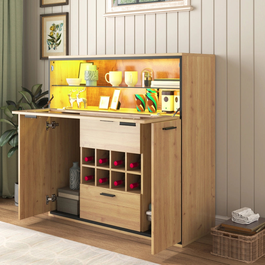 Credenza portabottiglie 110x38x111 cm con 2 ante; LED e divisorio in vetro; legno naturale e nero