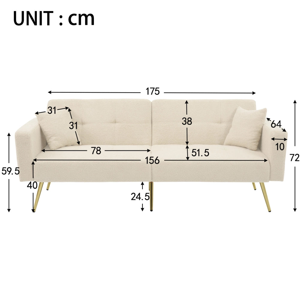 Divano letto ULEVR 175 cm beige con schienale regolabile, tasche laterali e gambe dorate
