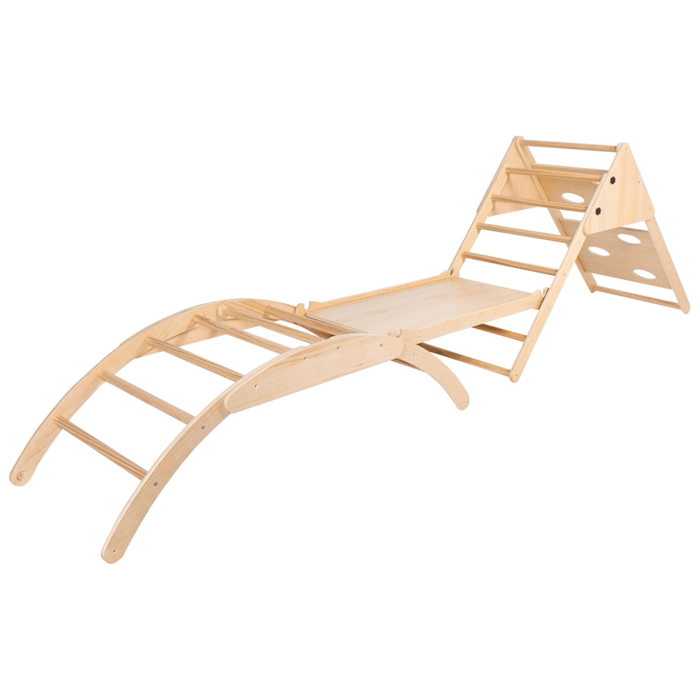 Set triangolare Pikler in legno di pino marrone chiaro, struttura da arrampicata Montessori 4 in 1 con arco e rampa, per la cameretta dei bambini