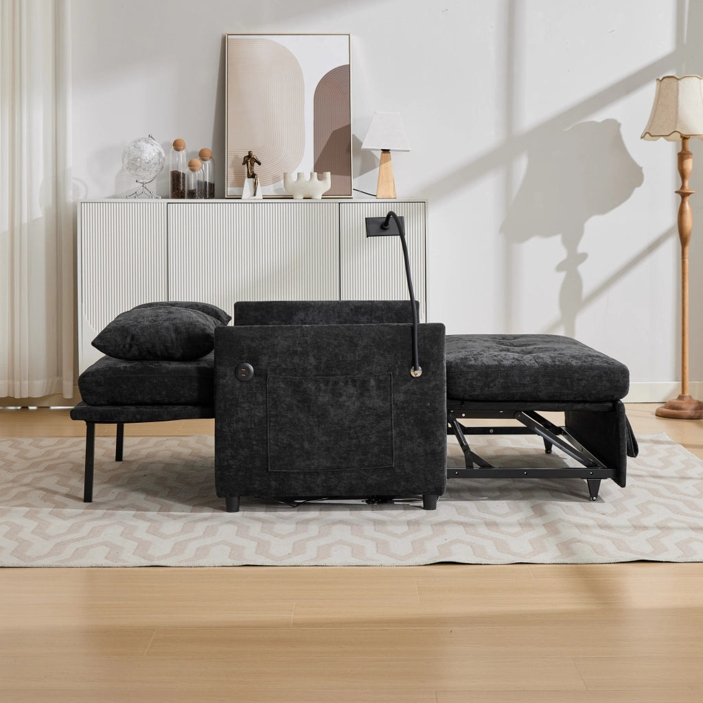 Divano convertibile moderno con porta USB e supporto tablet in tessuto effetto lino nero 109 × 72 × 83,5 cm