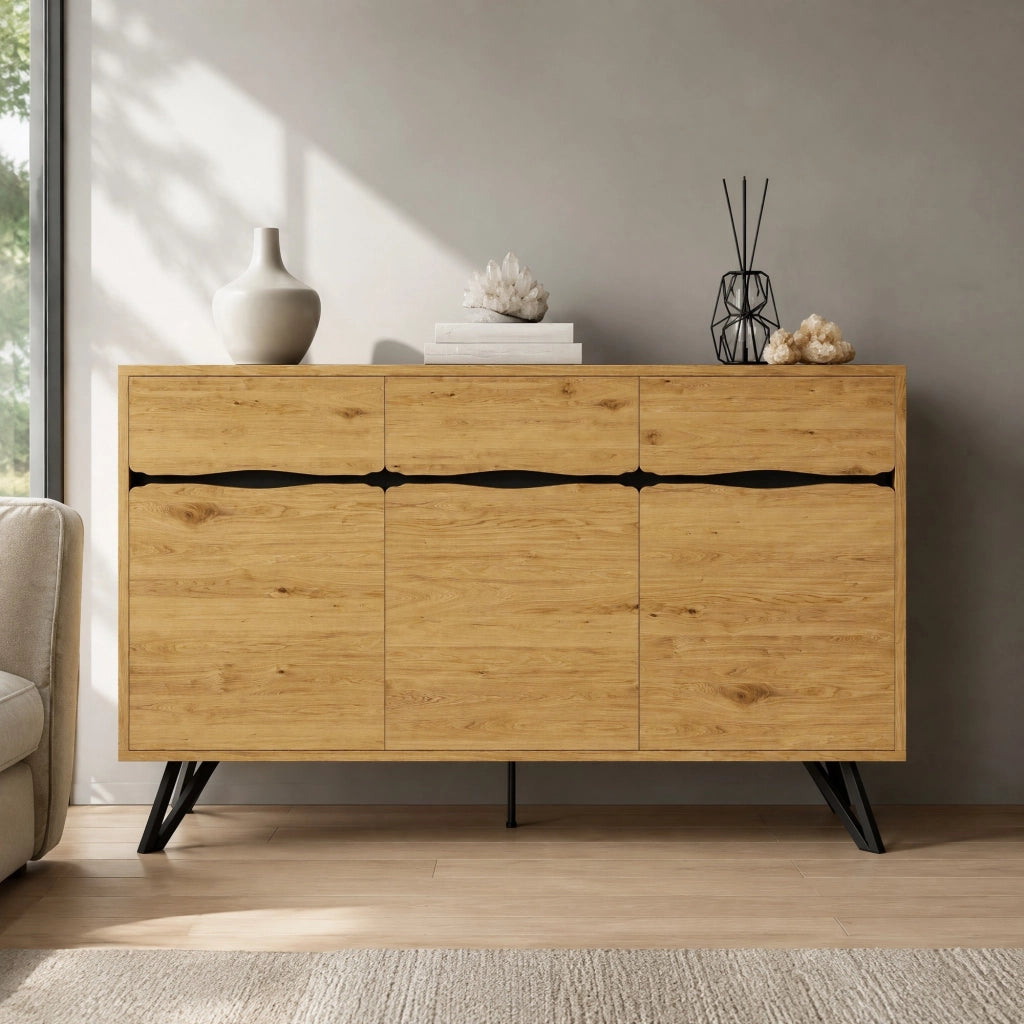 Sideboard a 3 ante in effetto legno con gambe in metallo nero, design moderno, ampio spazio contenitivo, 140 ¡Á 40 ¡Á 75,5 cm