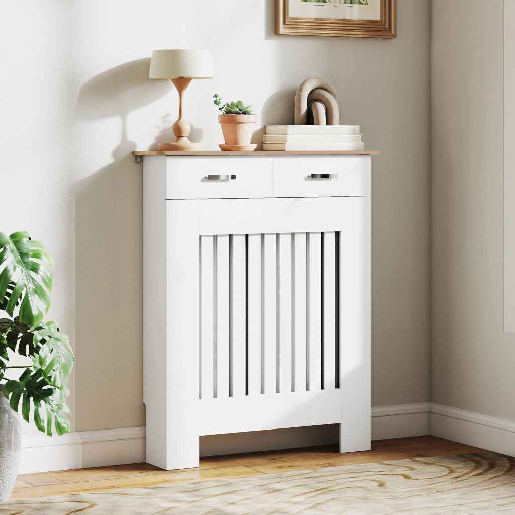 Copritermosifone a Doghe Antiribaltamento con Cassetto, in Legno, 78x19x97 cm, Bianco