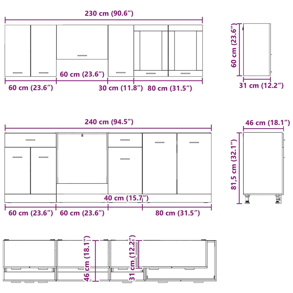 Set di mobili da cucina con cassetto Lyon 8 pcs Rovere fumo 3388348
