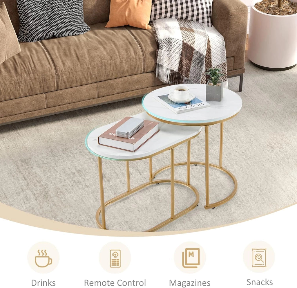 Set di 2 Tavolini da Salotto in Marmorizzato Oro, Tavolino da Divano, Tavolino da Caffè dal Design Moderno, Comodino, Telaio in Metallo Dorato