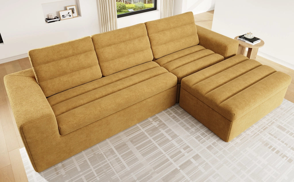 Divano angolare modulare senza telaio con seduta morbida e cuscini per soggiorno in ciniglia arancione 253 × 161 × 89 cm