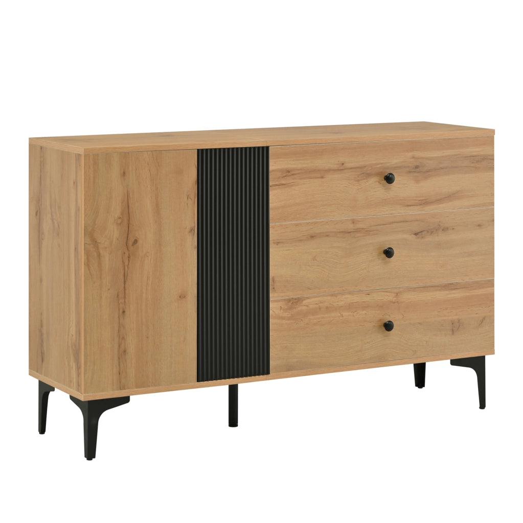 Sideboard moderno in PB naturale e nero 120x35x76 cm con armadio e 3 cassetti