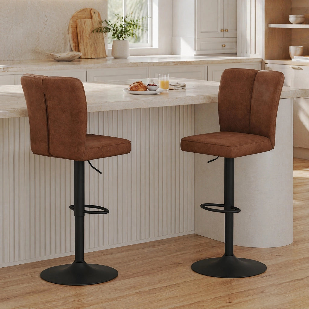 Sgabello da Bar Set da 2 Girevole Regolabile in Altezza con Schienale e Poggiapiedi in Tessuto Marrone e Metallo Nero