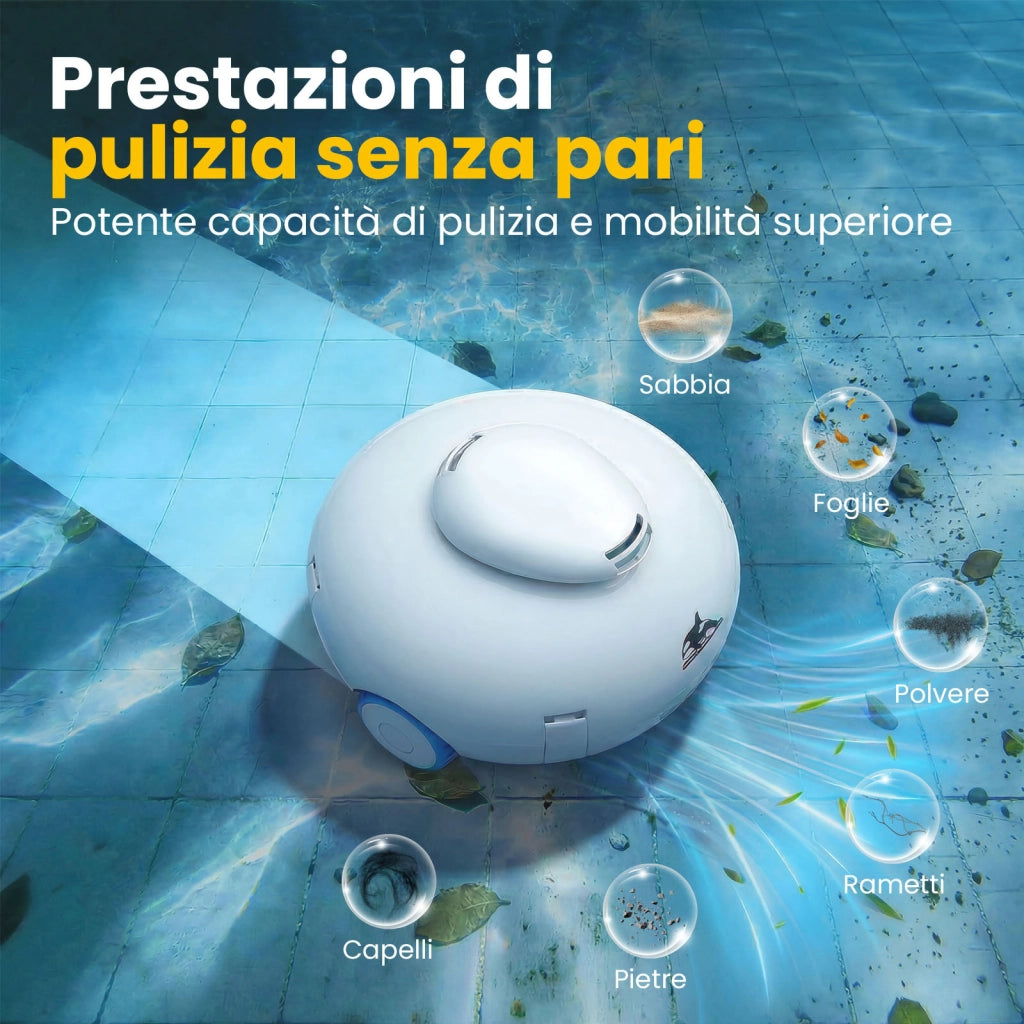 Robot pulitore per piscine, autonomia di 120 minuti, in grado di arrampicarsi sulle pareti della piscina, potente aspirazione, parcheggio automatico.