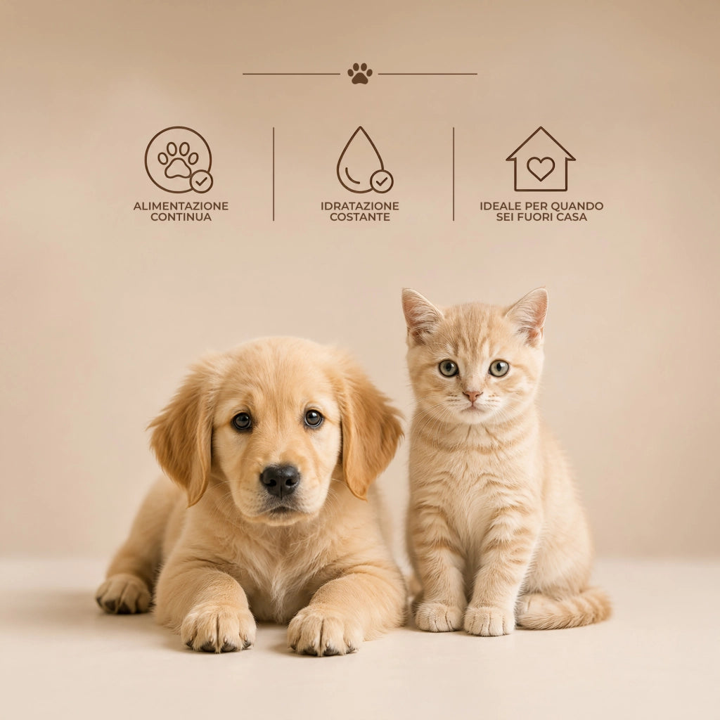Dispenser Automatico 2 in 1 per Cani e Gatti con Abbeveratoio a Gravità e Ciotola Rimovibile, Alimentazione e Idratazione Continua, 34 x 20,5 x 7 cm, Colore Casuale
