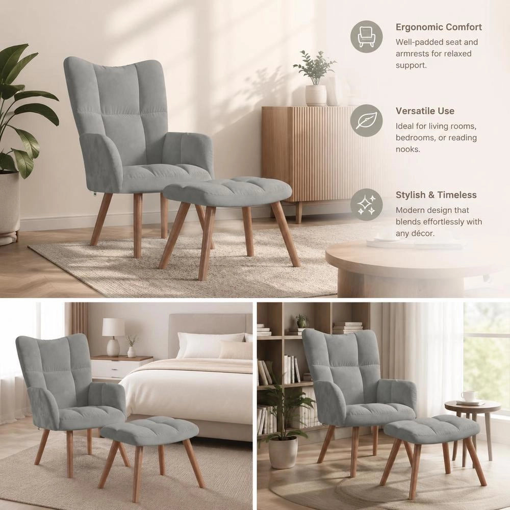 Reclining Armchair With Footstool, Light Grey Velvet