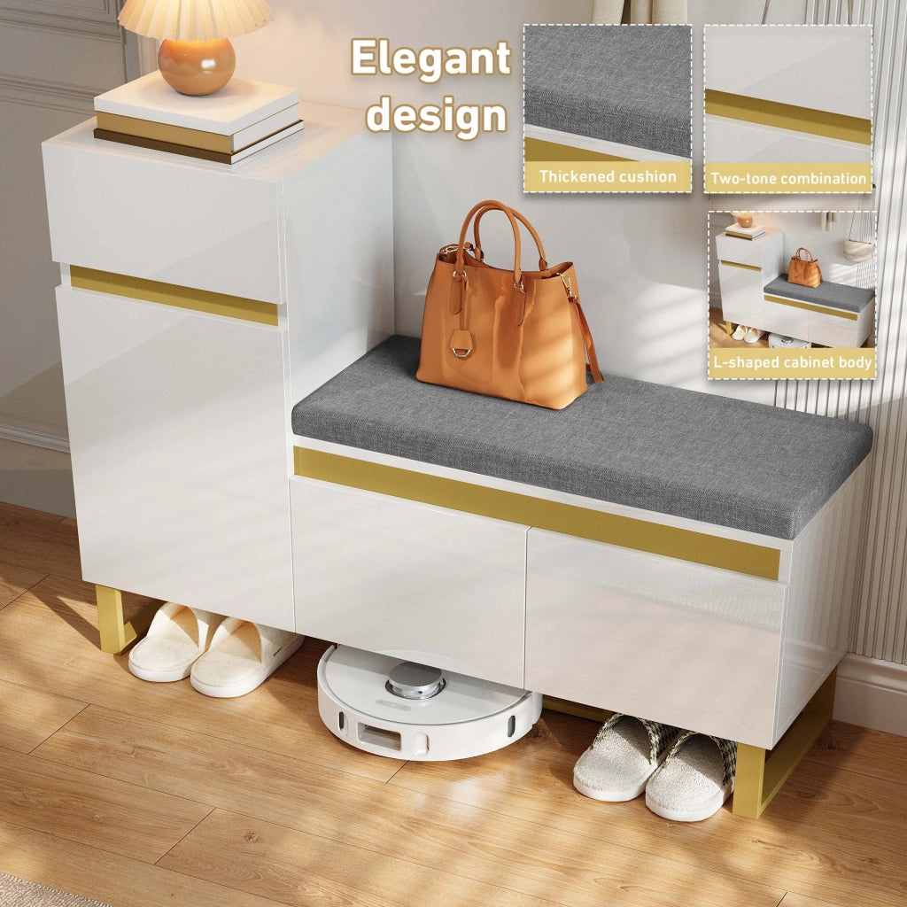 OKWISH Scarpiera con 2 Ante, 1 Cassetto e Panca Imbottita, Mobile per Ingresso in MDF Bianco, 120 x 35 x 85 cm