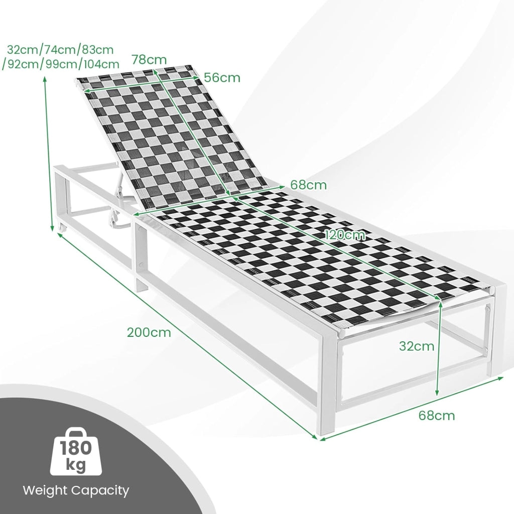 Sedia a sdraio, regolabile in 6 posizioni, con struttura in metallo e ruote, sedia da giardino portatile per spiaggia, giardino e piscina, lettino da esterno, 200 x 68 x 32 cm, portata fino a