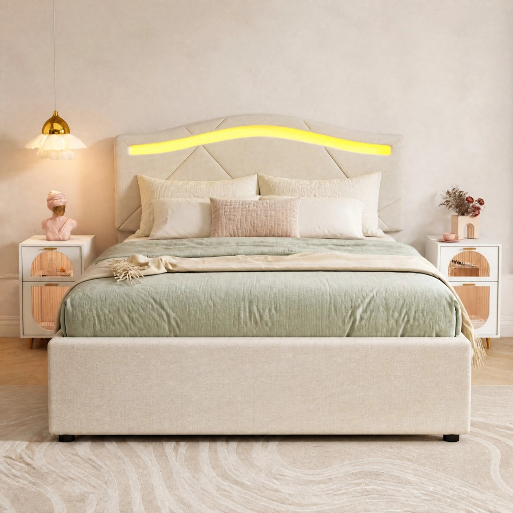 Letto imbottito 90x200 cm con LED e 2 cassetti beige