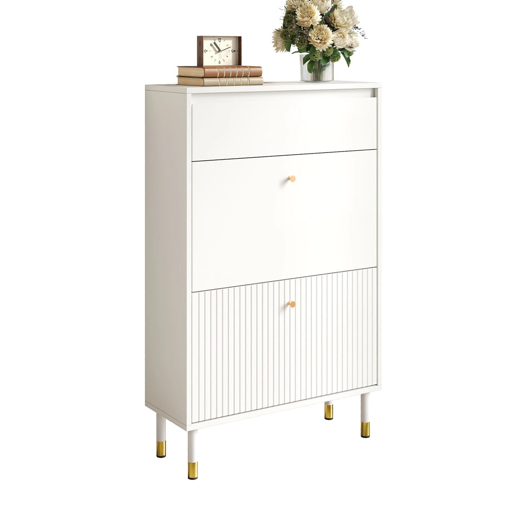 Mobile portascarpe stretto con 2 ante a ribalta e cassetto; 65x24x104 cm; bianco