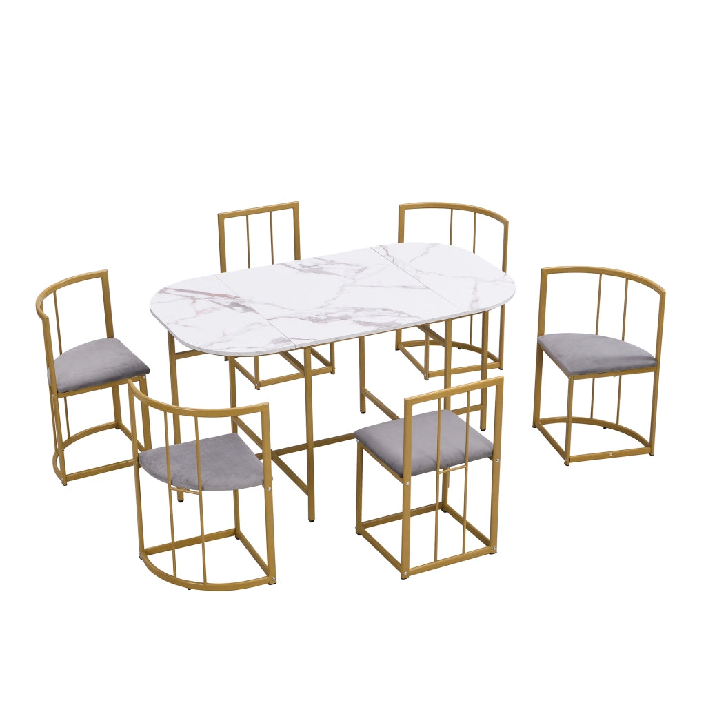 Set tavolo da pranzo; 6 sedie; struttura in ferro dorato; MDF; oro