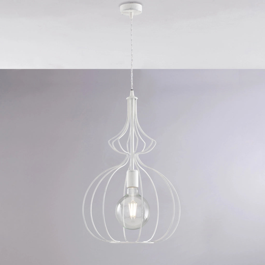 Sospensione Industrial 1Luce Olimpia Gabbia Ferro Laccato Bianco E Argento