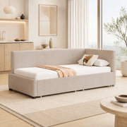 Divano letto classico in velluto; 90x200 cm; con 2 cassetti contenitore; beige