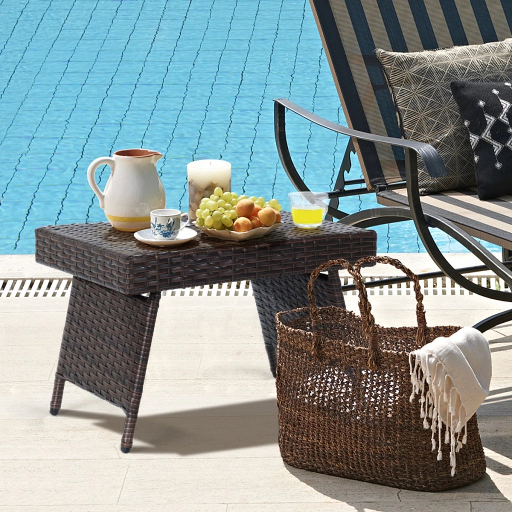 Tavolino da caffè in vimini pieghevole con cuscinetti antiscivolo-Tavolino da esterno per piscina cortile balcone
