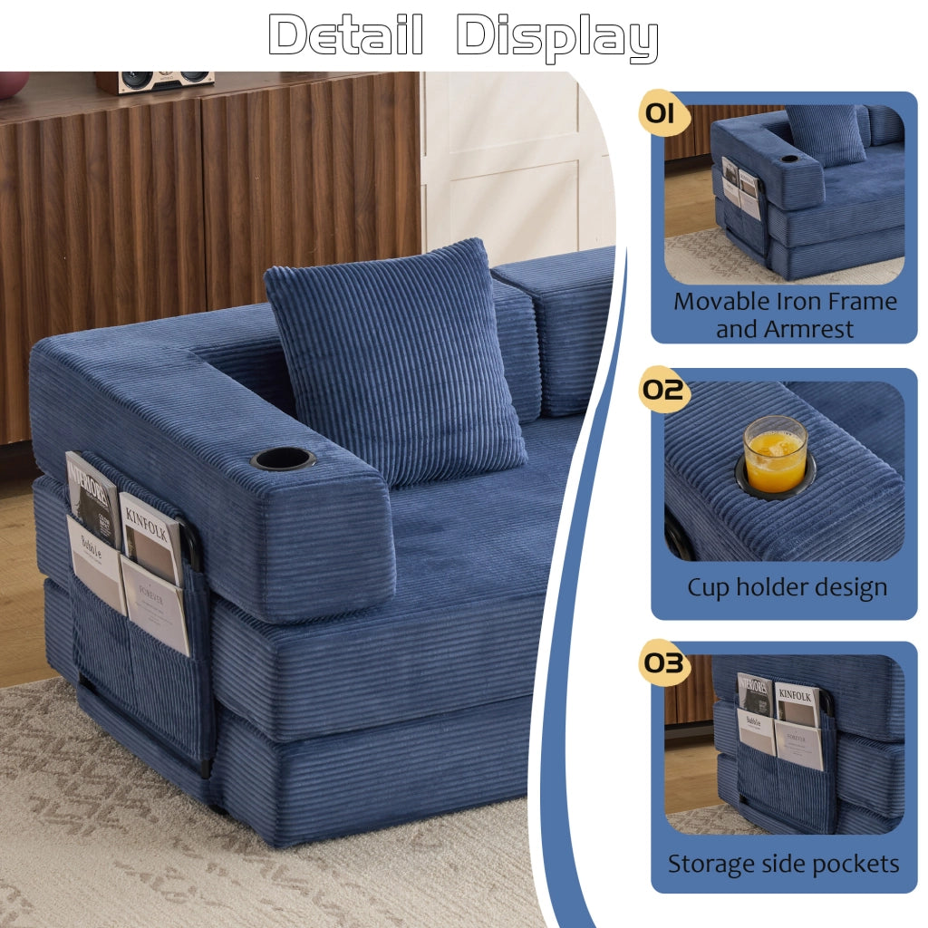 Divano letto pieghevole convertibile in velluto a coste con braccioli, tasche laterali e portabicchieri, blu scuro