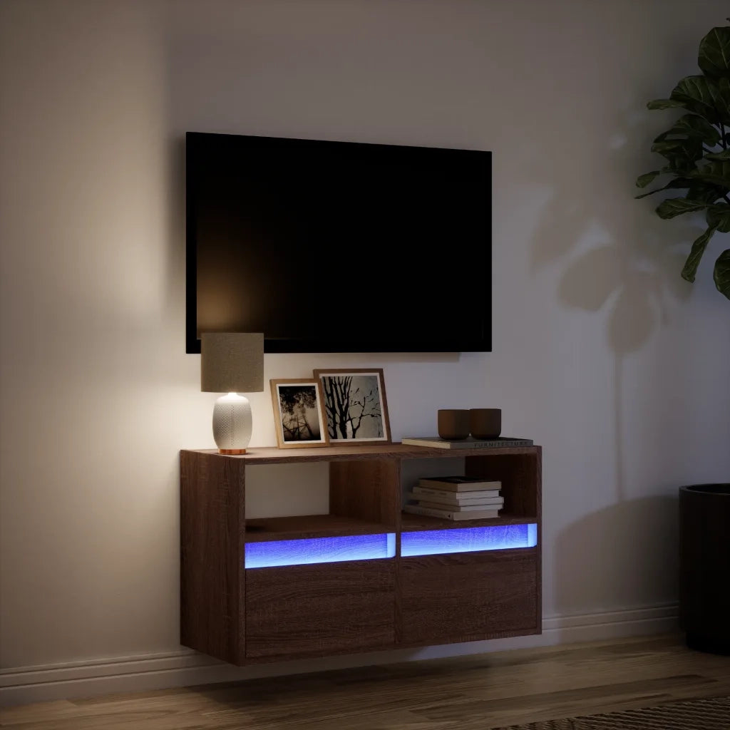 Mobile TV a Parete con Luci LED Rovere Marrone 80x31x45 cm