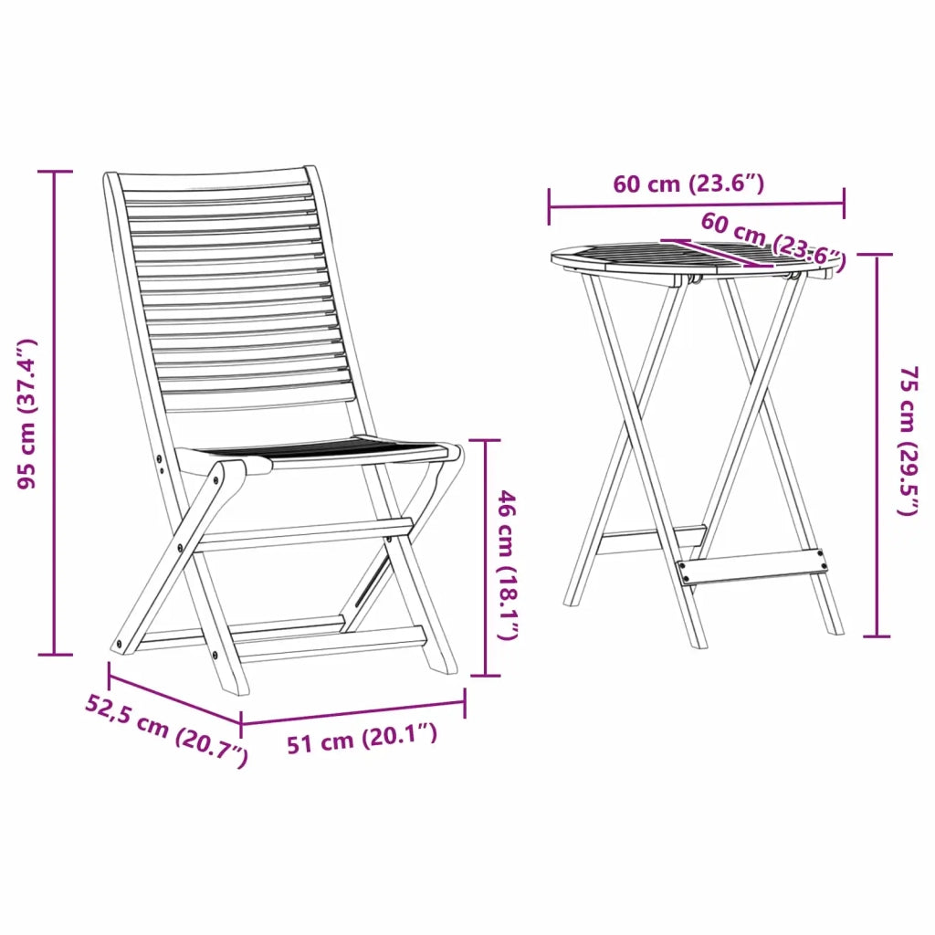 Set Bistro Pieghevole 3 pz | Set Salotto da Giardino Marrone Legno di Acacia Massello