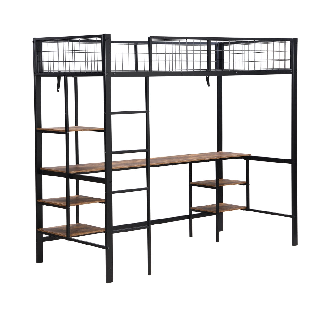 Letto a Soppalco 90 x 200 cm - Scrivania; Mensole e Scala a 4 Gradini - Nero