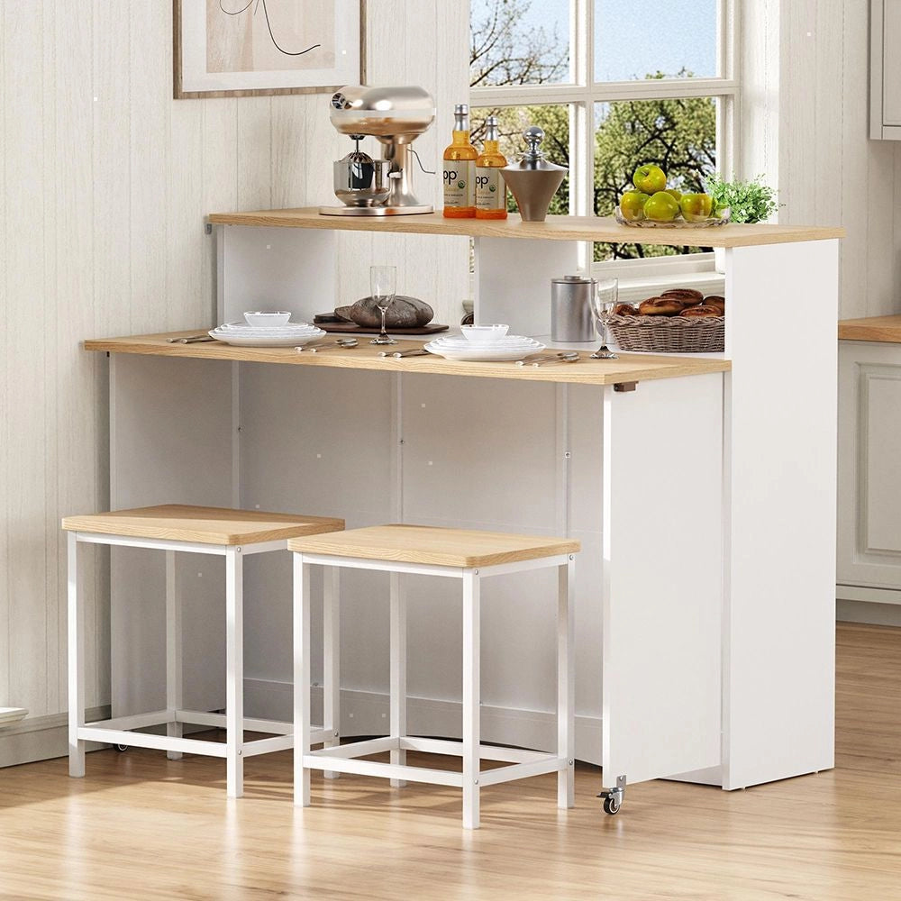 ?lot cucina con tavolo estraibile e sedie - Xylo - Bianco, ruote, ampio spazio di stoccaggio