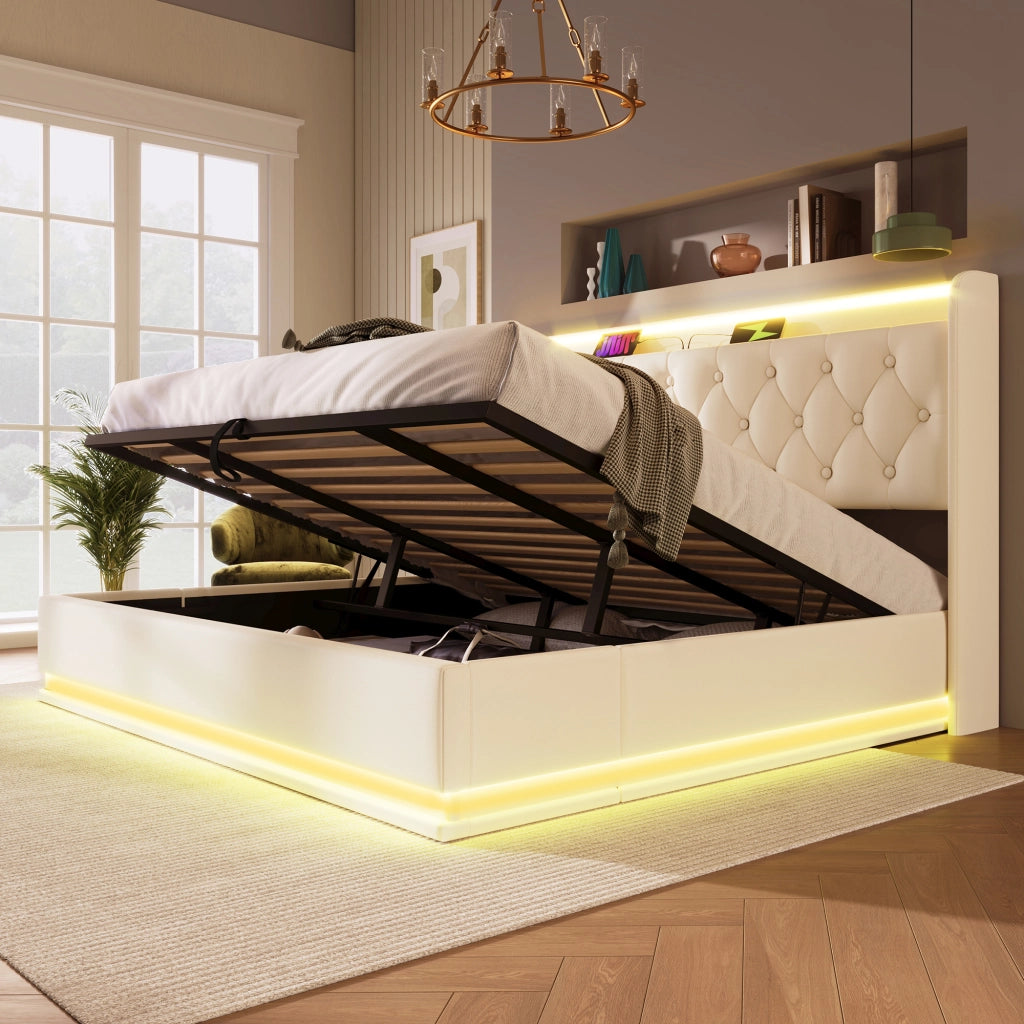 DESMIU Lit coffre 180 × 200 cm 2 places avec LED 360°, USB et Type-C, sans matelas, en PU, blanco