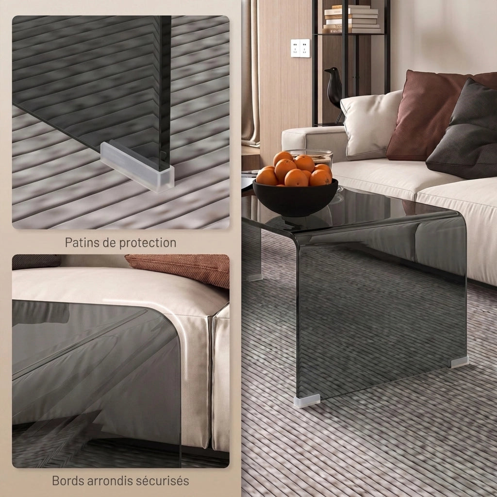 Table Basse en Verre, Table de Salon Rectangulaire Design Moderne avec Bords Arrondis Sûrs, Gris Clair Transparent