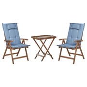 Set da balcone con 2 sedie da giardino regolabili in legno di acacia con schienale regolabile pieghevole e cuscini blu in stile rustico