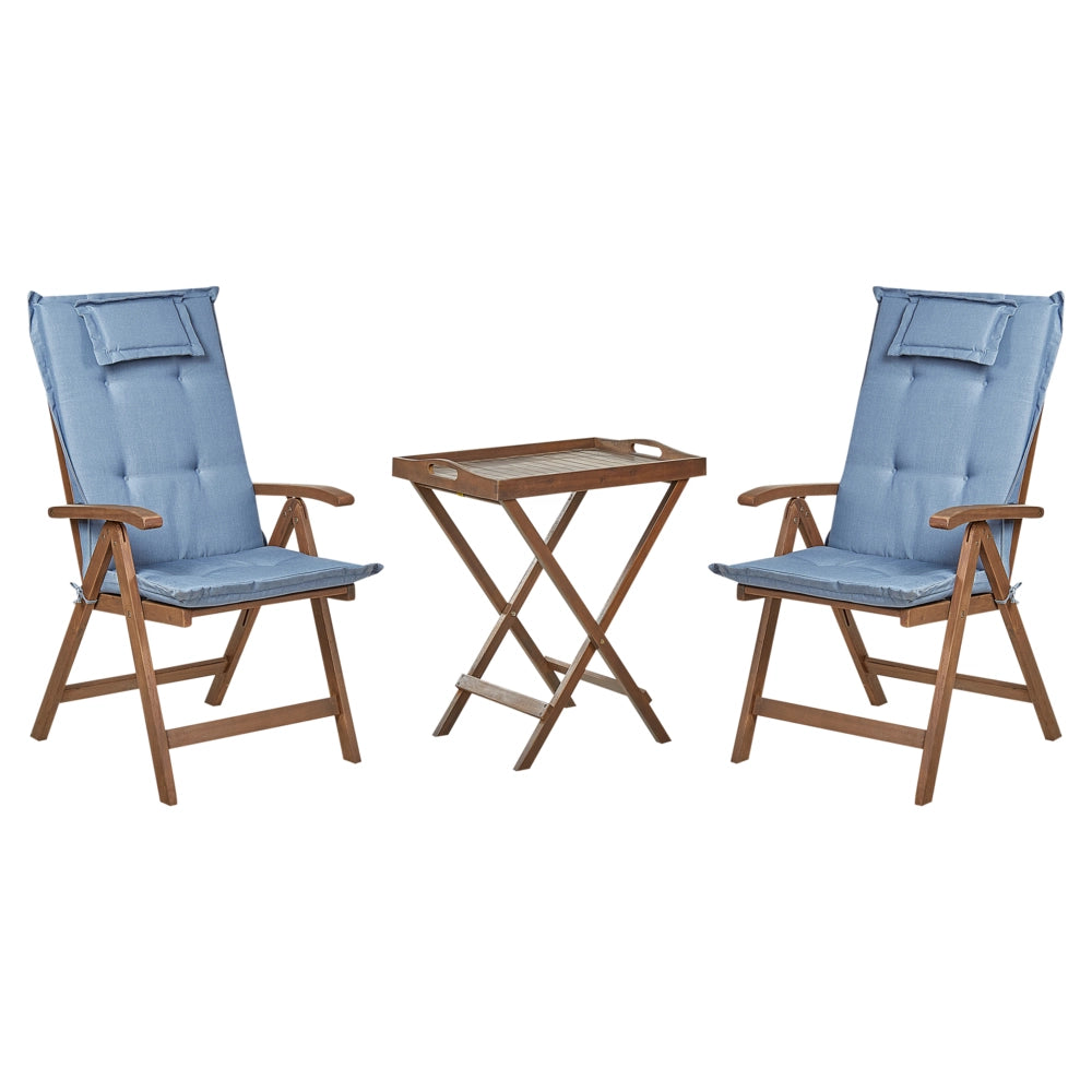 Set da balcone con 2 sedie da giardino regolabili in legno di acacia con schienale regolabile pieghevole e cuscini blu in stile rustico