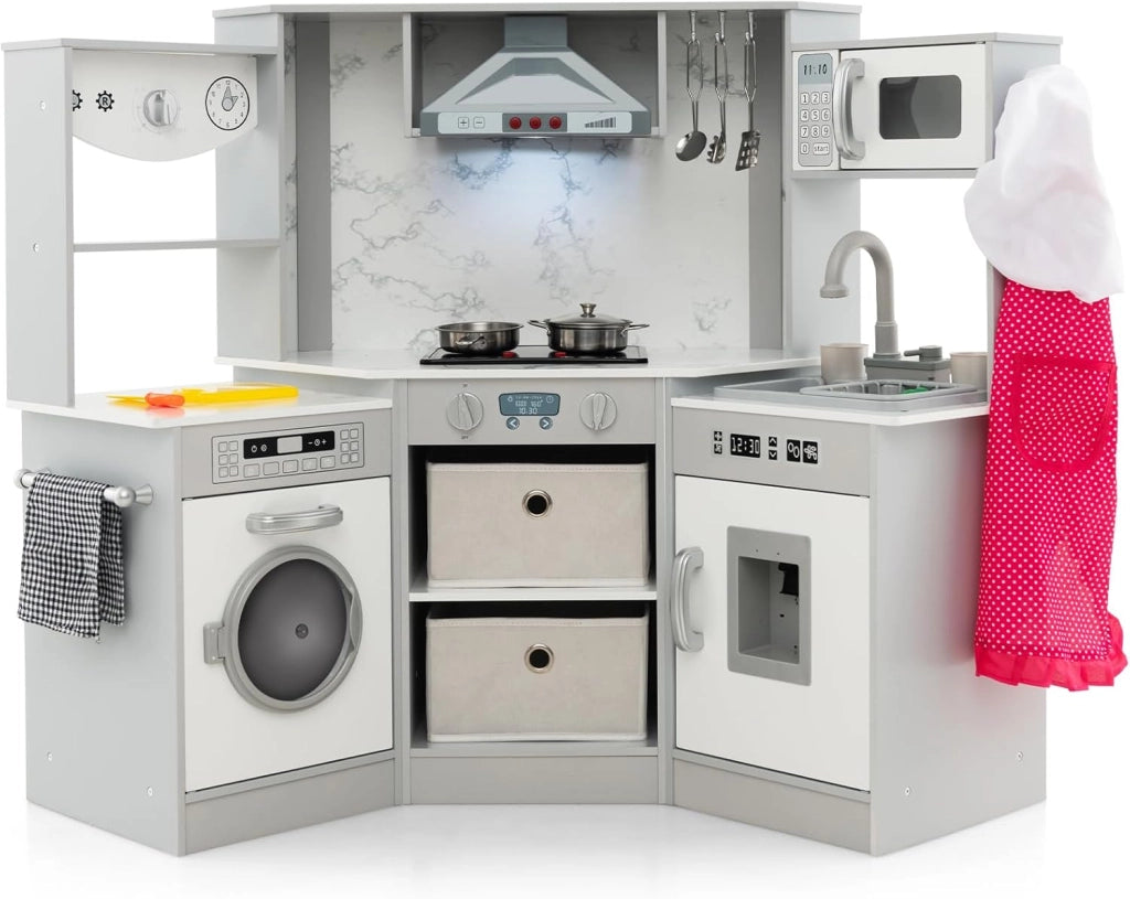 Set di Cucina Giocattolo per Bambini, con Luci e Suoni, Cappa Aspirante illuminata, Fornelli, Forno a Microonde, Distributore d'acqua e Lavatrice, Ideale per Bambini 3 Anni+ (Grigio)