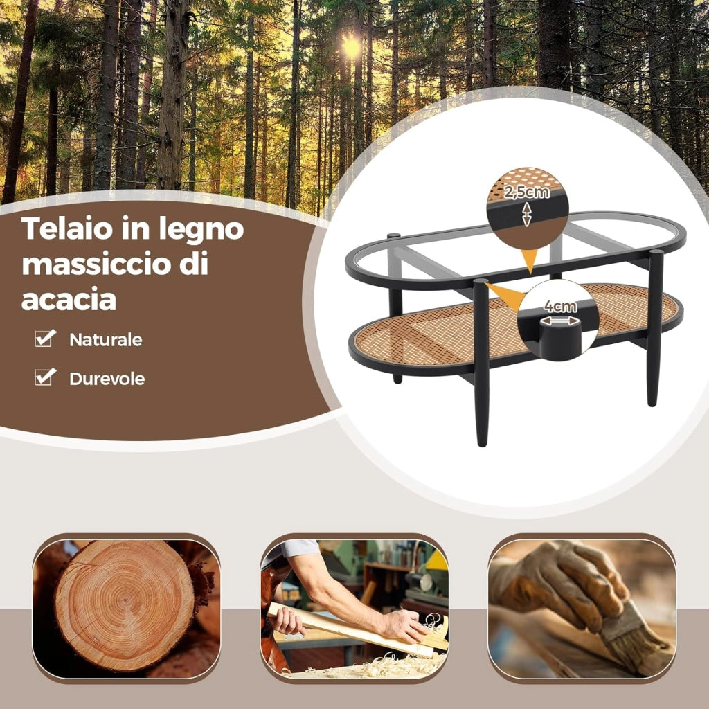 Tavolino da Salotto in Legno Massello e Vetro, Tavolino Basso a 2 Piani con Spazio di Archiviazione, Tavolo Ovale Elegante per Soggiorno e Ufficio (Nero)