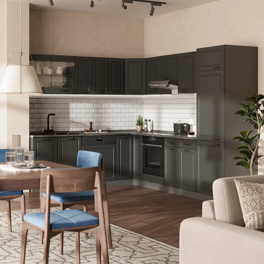 Cucina angolare completa R-Line Antracite rustico/Antracite 287 x 227 cm, PL Rovere Vicco