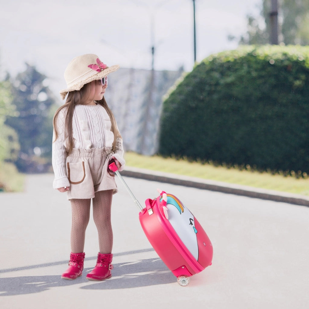 Valigia a rotelle per bambini con ruote lampeggianti manico telescopico a 2 livelli, Valigia da trasporto 25L Rosa