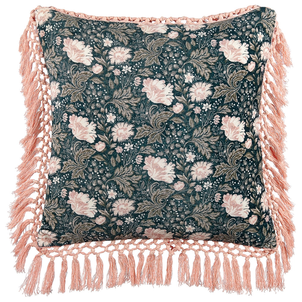 Cuscino decorativo blu rosa velluto 45 x 45 cm velluto motivo fiore frange moderno glamour decor